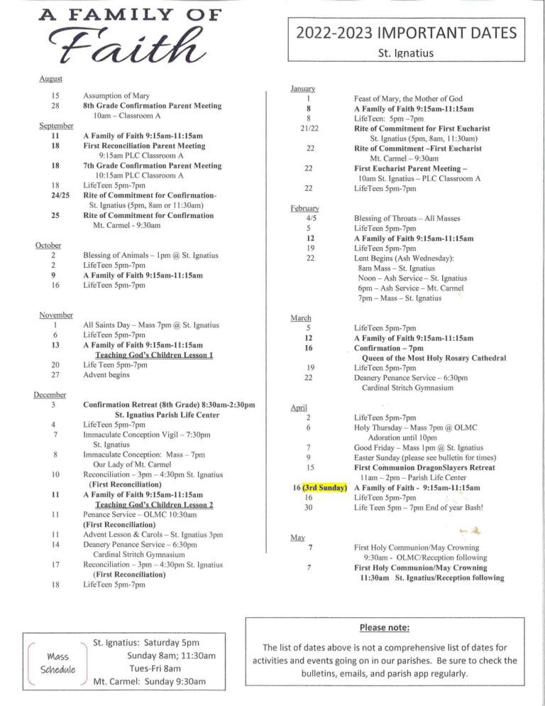 Faith Formation Calendar St. Ignatius